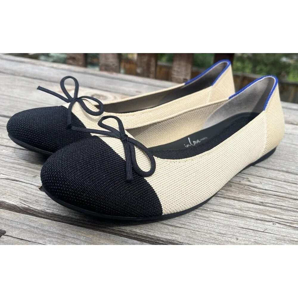 Rothy's The Ballet Flat Women's 10 Cream w/ Black Captoe Bow Accent
